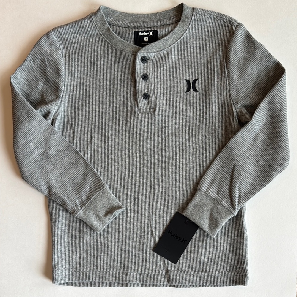NWT Hurley Boys' Grey Thermal Henley Long Sleeve Top SZ 7